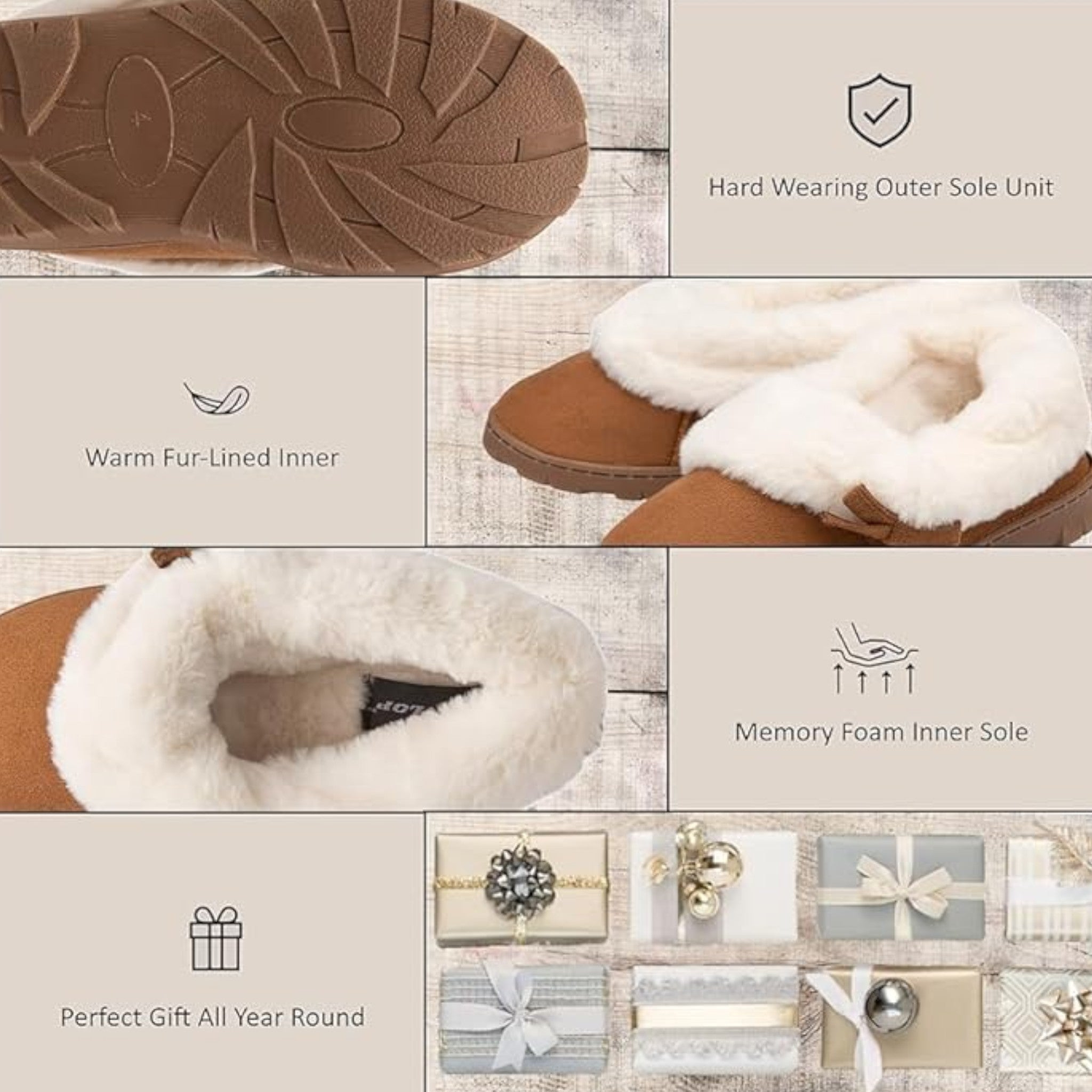 Women’s Dunlop slip-on slippers with bow detail and warm fleece lining in chestnut